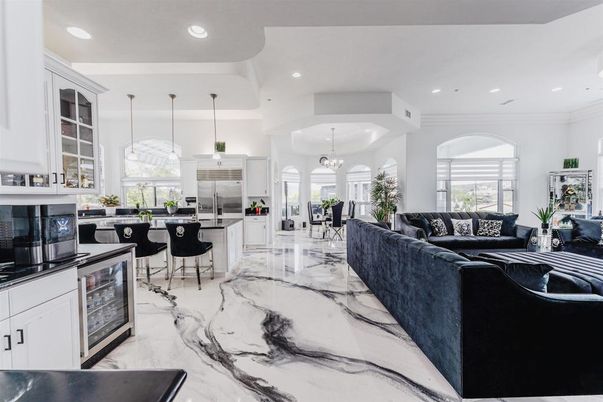 Interior, Kitchen, Living room, Marble, Pendant Lights, Recessed Lighting, Stainless Steel Appliances