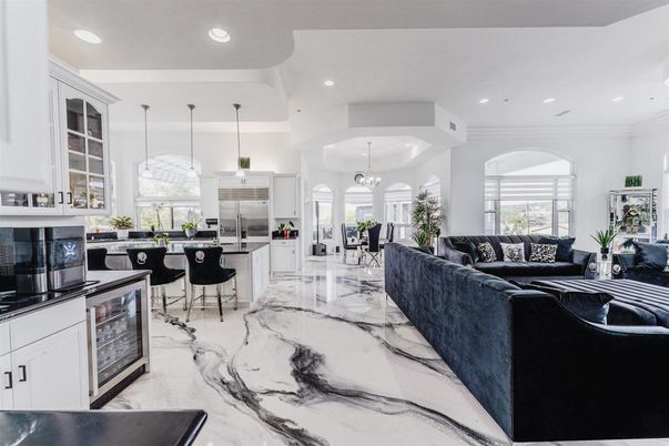 Interior, Kitchen, Living room, Marble, Pendant Lights, Recessed Lighting, Stainless Steel Appliances