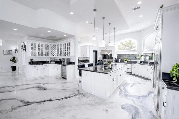 Interior, Kitchen, Marble, Pendant Lights, Recessed Lighting, Stainless Steel Appliances