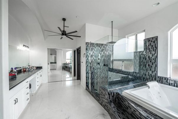 Bathroom, Dual Sink Vanities, Glass Shower, Interior, Marble, Recessed Lighting