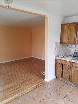 Interior, Kitchen, Tile Countertops, Wood Texture Flooring