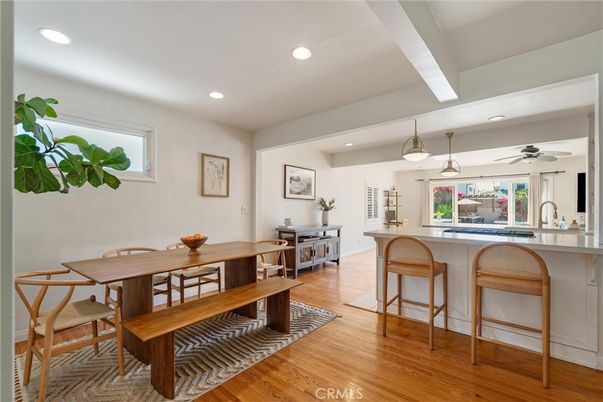 Dining room, Interior, Pendant Lights, Recessed Lighting, Wood Texture Flooring