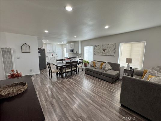 Dining room, Interior, Kitchen, Living room, Recessed Lighting, Wood Texture Flooring