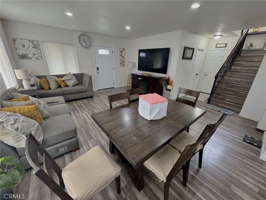 Dining room, Interior, Living room, Recessed Lighting, Wood Texture Flooring