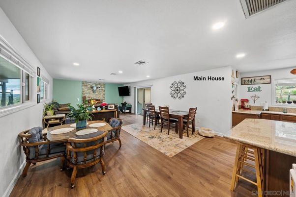 Dining room, Interior, Recessed Lighting, Stone Walls, Wood Texture Flooring