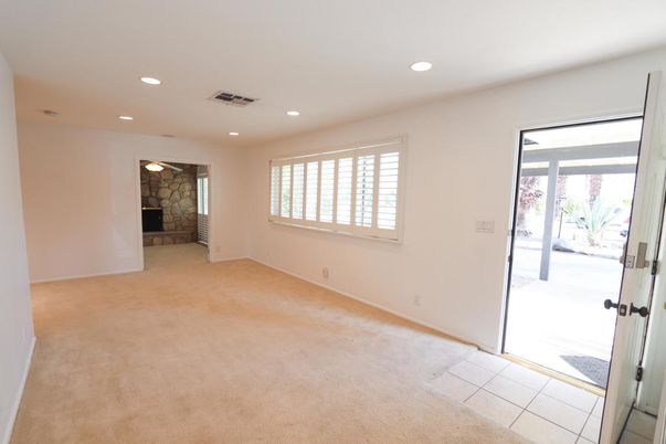 Empty room, Fireplace, Interior, Recessed Lighting, Stone Walls