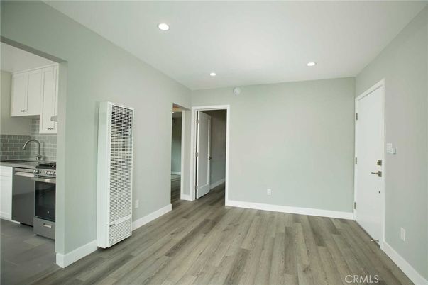 Empty room, Interior, Kitchen, Recessed Lighting, Wood Texture Flooring