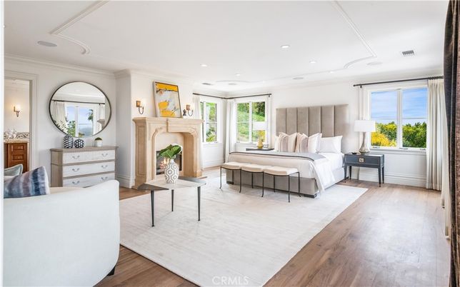 Bedroom, Fireplace, Interior, Recessed Lighting, Wood Texture Flooring