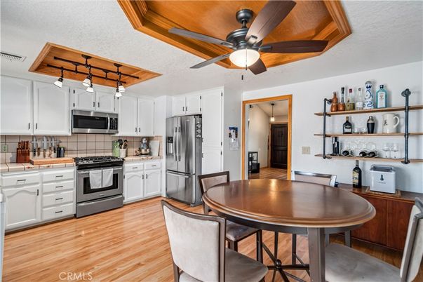 Dining room, Interior, Kitchen, Tile Countertops, Wood Texture Flooring