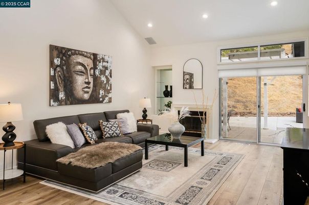 Fireplace, Interior, Living room, Recessed Lighting, Wood Texture Flooring