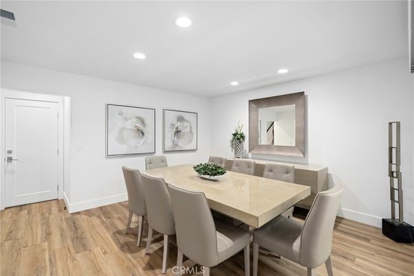 Dining room, Interior, Recessed Lighting, Wood Texture Flooring