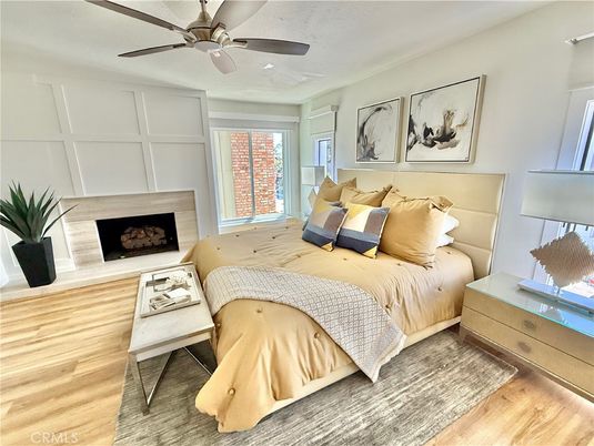 Bedroom, Fireplace, Interior, Wood Texture Flooring