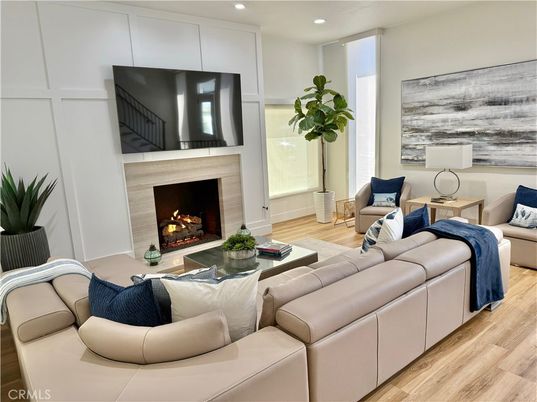 Fireplace, Interior, Living room, Recessed Lighting, Wood Texture Flooring