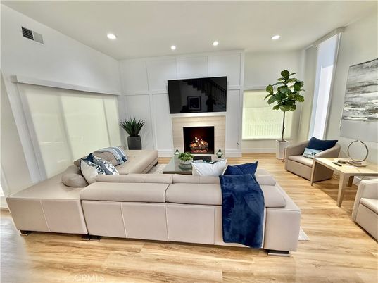 Fireplace, Interior, Living room, Recessed Lighting, Wood Texture Flooring