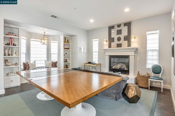 Fireplace, Interior, Pendant Lights, Recessed Lighting, Wood Texture Flooring