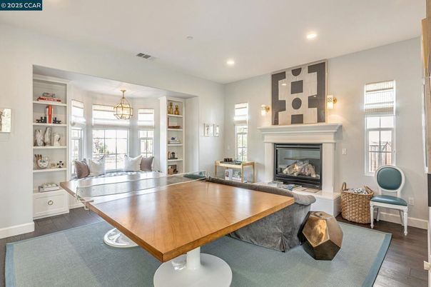 Fireplace, Interior, Pendant Lights, Recessed Lighting, Wood Texture Flooring