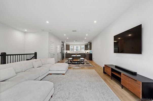 Dining room, Interior, Living room, Recessed Lighting, Wood Texture Flooring