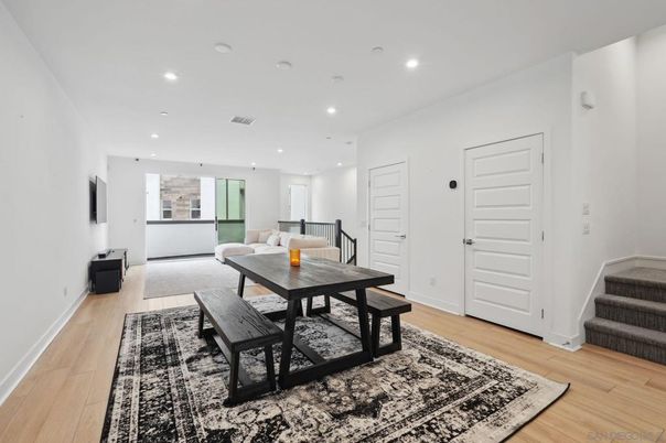 Dining room, Interior, Recessed Lighting, Wood Texture Flooring