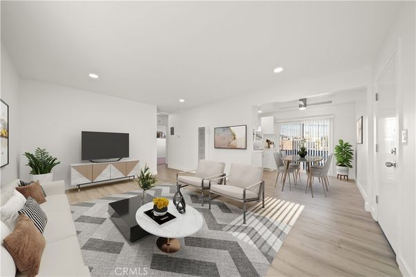 Dining room, Interior, Living room, Recessed Lighting, Wood Texture Flooring