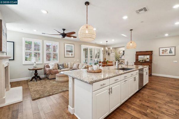 Fireplace, Interior, Kitchen, Living room, Pendant Lights, Recessed Lighting, Wood Texture Flooring