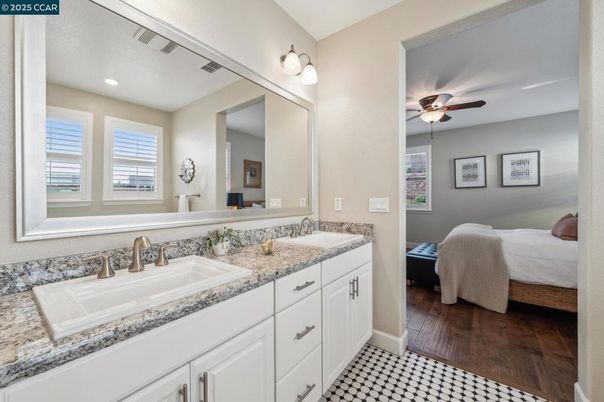 Bathroom, Bedroom, Dual Sink Vanities, Interior, Recessed Lighting, Wood Texture Flooring