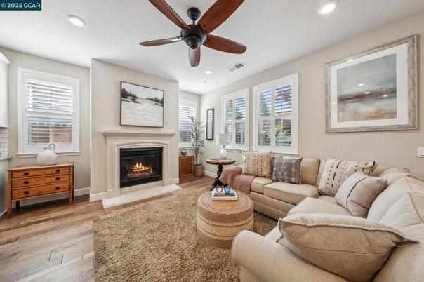 Fireplace, Interior, Living room, Recessed Lighting, Wood Texture Flooring