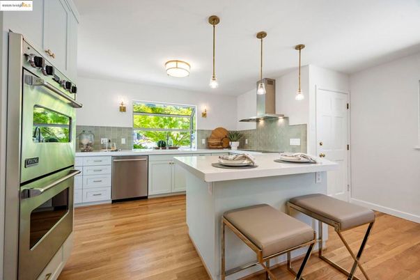Interior, Kitchen, Pendant Lights, Stainless Steel Appliances, Wood Texture Flooring