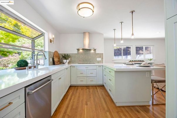 Interior, Kitchen, Pendant Lights, Stainless Steel Appliances, Wood Texture Flooring