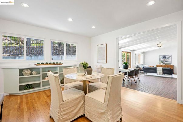 Dining room, Interior, Living room, Recessed Lighting, Wood Texture Flooring