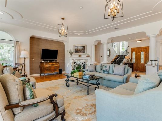 Chandelier, Fireplace, Interior, Living room, Recessed Lighting, Wood Texture Flooring