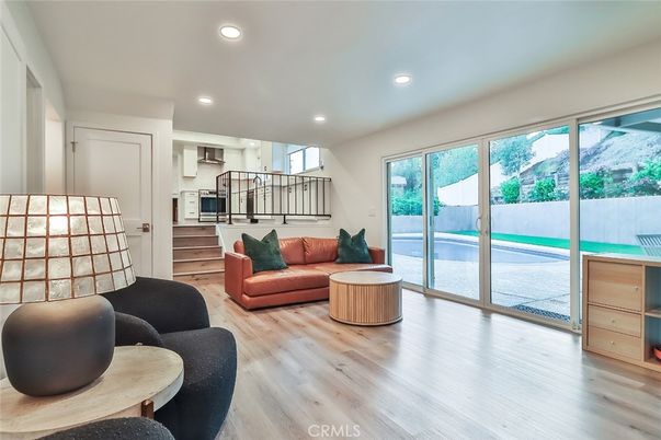 Interior, Kitchen, Living room, Recessed Lighting, Stainless Steel Appliances, Wood Texture Flooring