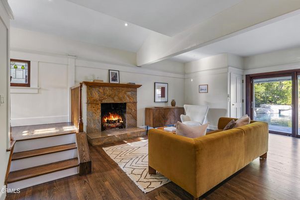 Fireplace, Interior, Living room, Recessed Lighting, Wood Texture Flooring