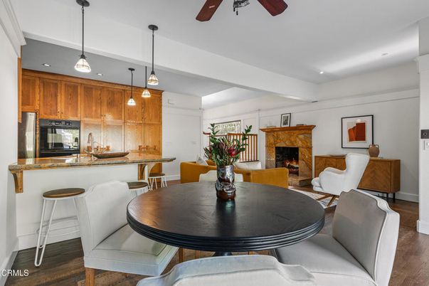 Dining room, Fireplace, Interior, Kitchen, Pendant Lights, Recessed Lighting, Wood Texture Flooring