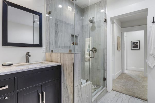 Bathroom, Glass Shower, Interior, Marble, Marble Walls, Recessed Lighting
