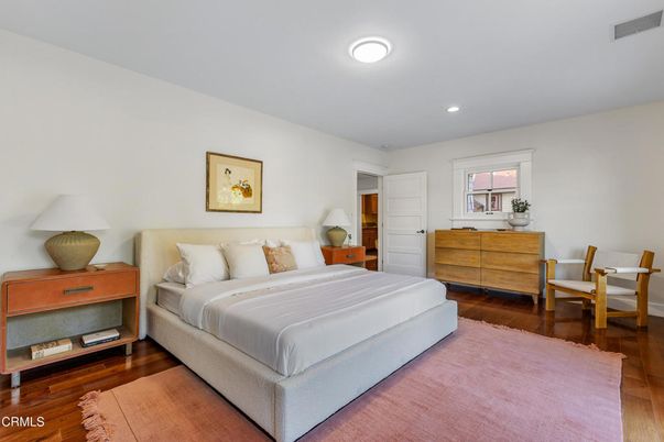 Bedroom, Interior, Recessed Lighting, Wood Texture Flooring