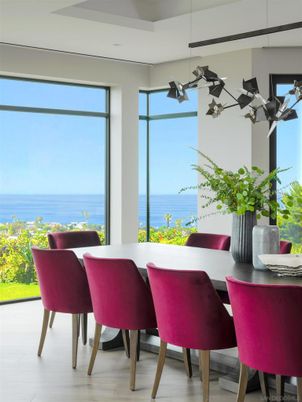 Dining room, Interior, Pendant Lights, Water, Wood Texture Flooring