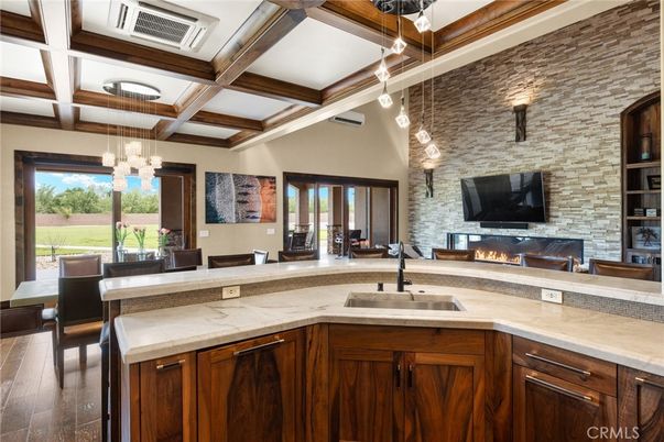 Fireplace, Interior, Kitchen, Pendant Lights, Stone Walls, Wooden Beams, Wood Texture Flooring