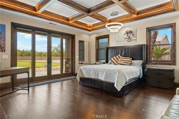 Bedroom, Interior, Pendant Lights, Recessed Lighting, Wooden Beams, Wood Texture Flooring