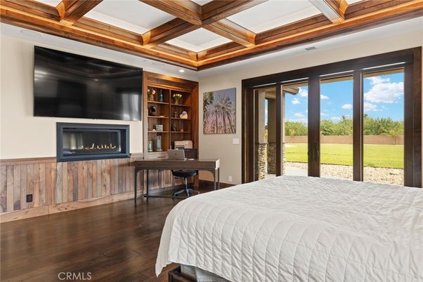 Bedroom, Fireplace, Home Office, Interior, Recessed Lighting, Wooden Beams, Wood Texture Flooring