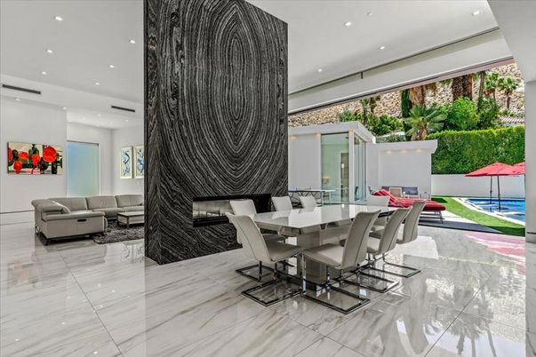 Dining room, Fireplace, Interior, Living room, Marble, Recessed Lighting