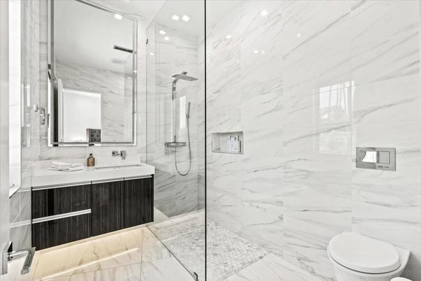 Bathroom, Glass Shower, Interior, Marble, Marble Walls, Recessed Lighting
