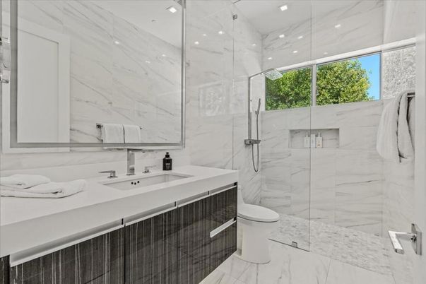 Bathroom, Glass Shower, Interior, Marble, Marble Walls, Recessed Lighting