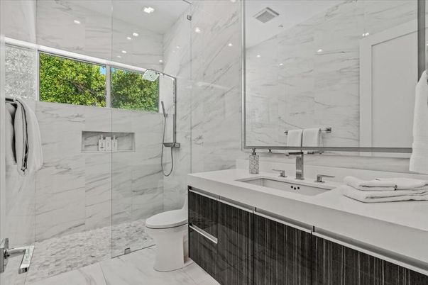 Bathroom, Glass Shower, Interior, Marble, Marble Walls, Recessed Lighting
