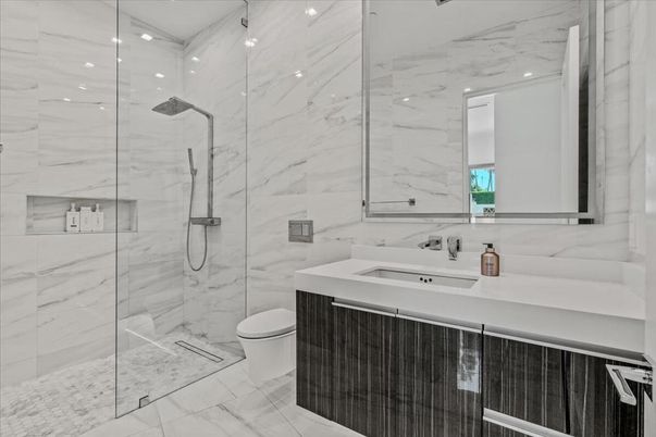Bathroom, Glass Shower, Interior, Marble Walls, Recessed Lighting