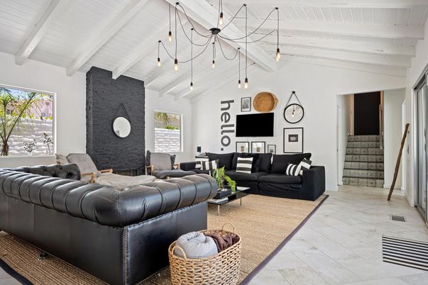 Fireplace, Interior, Living room, Pendant Lights, Stone Walls