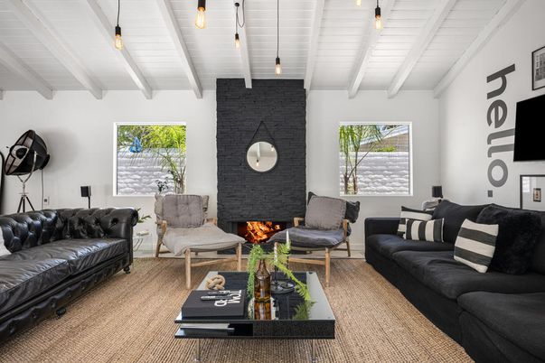 Fireplace, Interior, Living room, Pendant Lights, Stone Walls