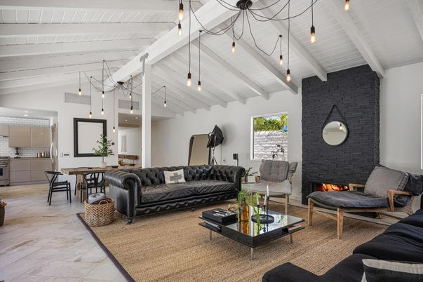 Dining room, Fireplace, Interior, Living room, Pendant Lights, Stone Walls