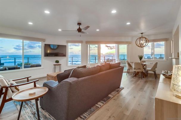 Dining room, Interior, Living room, Recessed Lighting, Water, Wood Texture Flooring