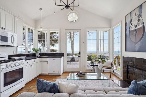Fireplace, Interior, Kitchen, Living room, Pendant Lights, Water, Wood Texture Flooring