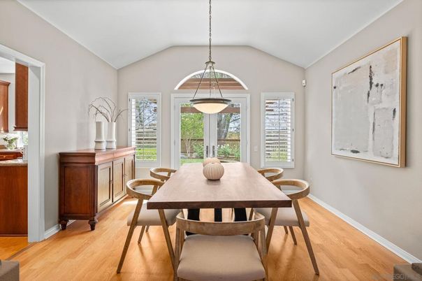 Dining room, Interior, Pendant Lights, Wood Texture Flooring
